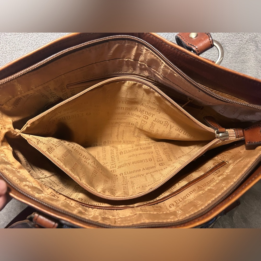 Etienne Aigner Cognac, Suede and Snakeskin Leather Tote w/ Silver Hardware - Picture 12 of 13